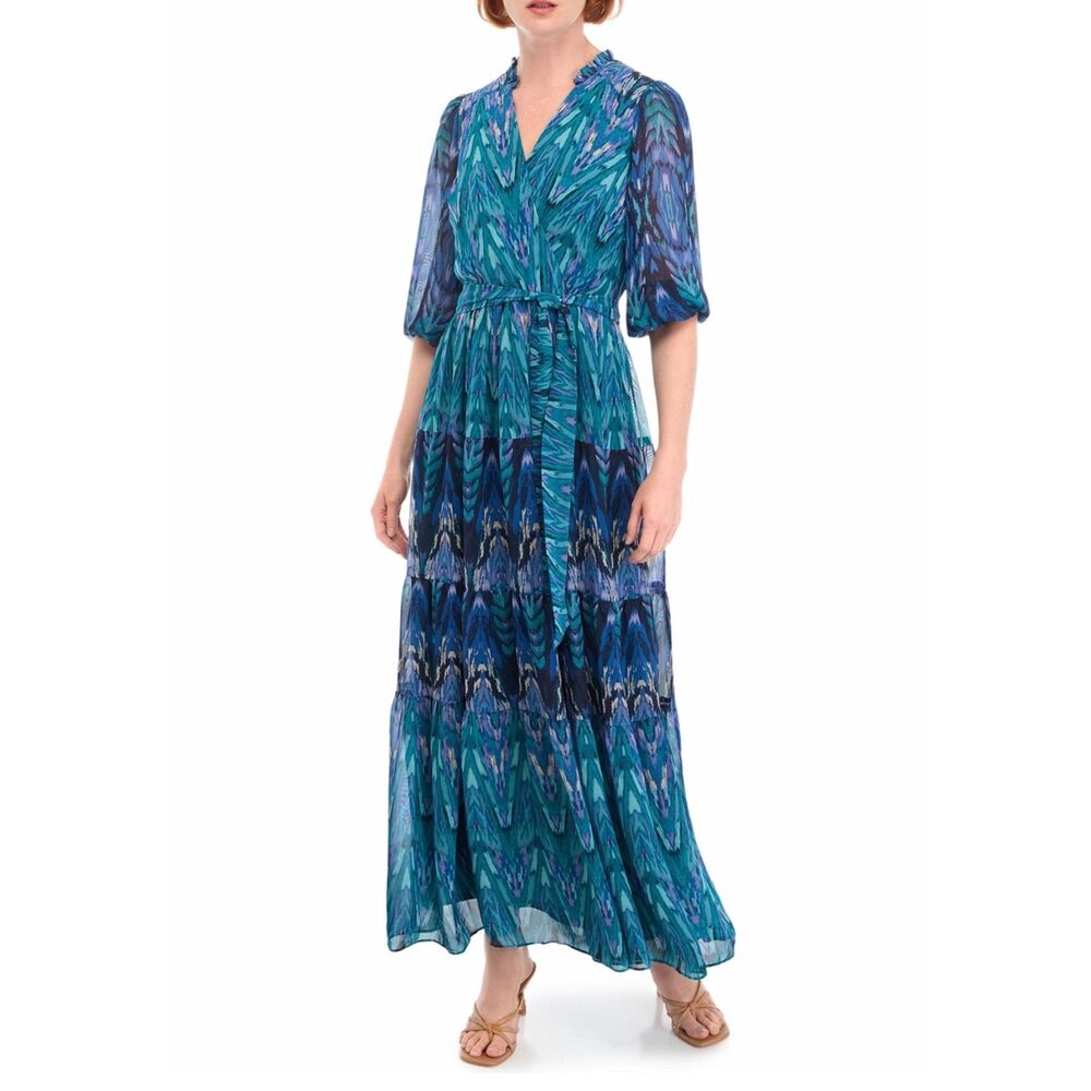 Maison Tara Teal Blue Abstract Print Tiered Maxi Dress Size 12 NWT 3/4 Sleeve
